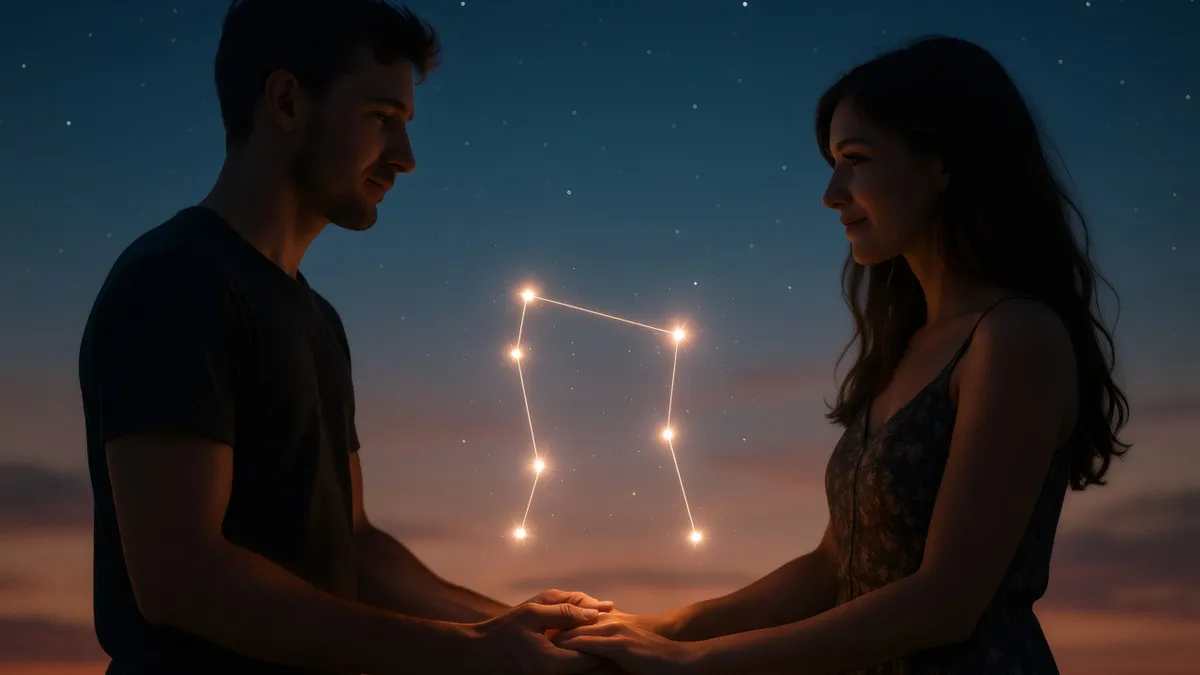 Romantic couple holding hands with Gemini constellation glowing between them under starry night sky at sunset, symbolizing their astrological connection