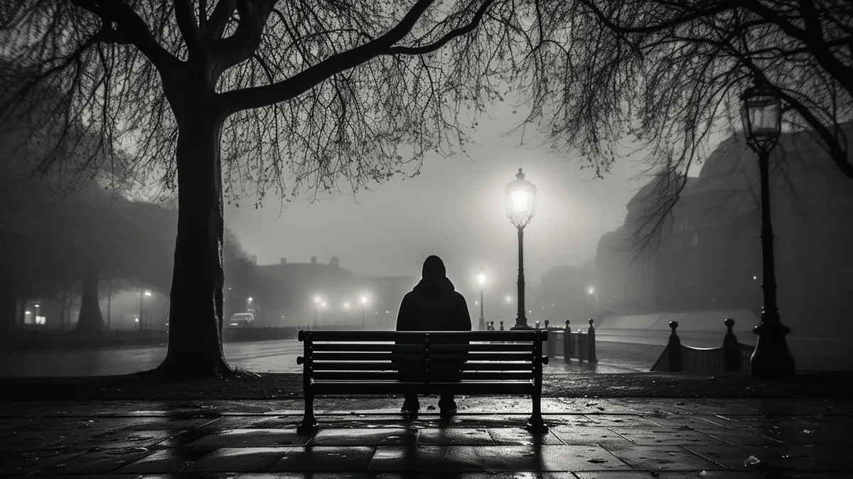 A lone man sits on a bench on a foggy fall afternoon. Depressing background.