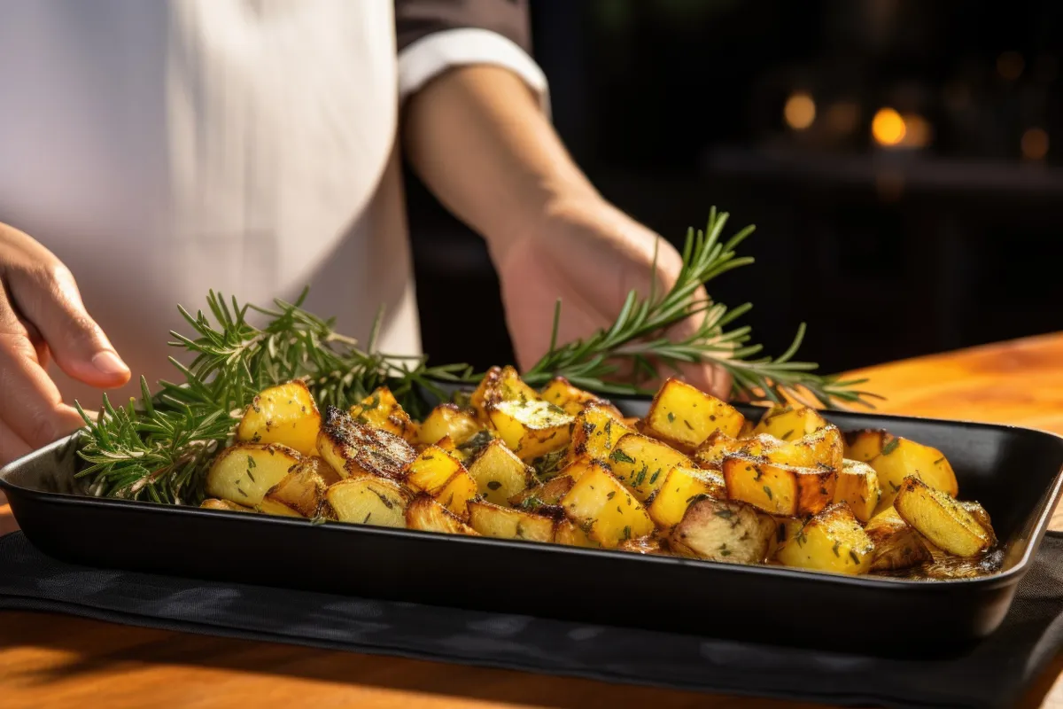 Egy nő éppen kivette a sütőből a sült krumplival telerakott tepsit