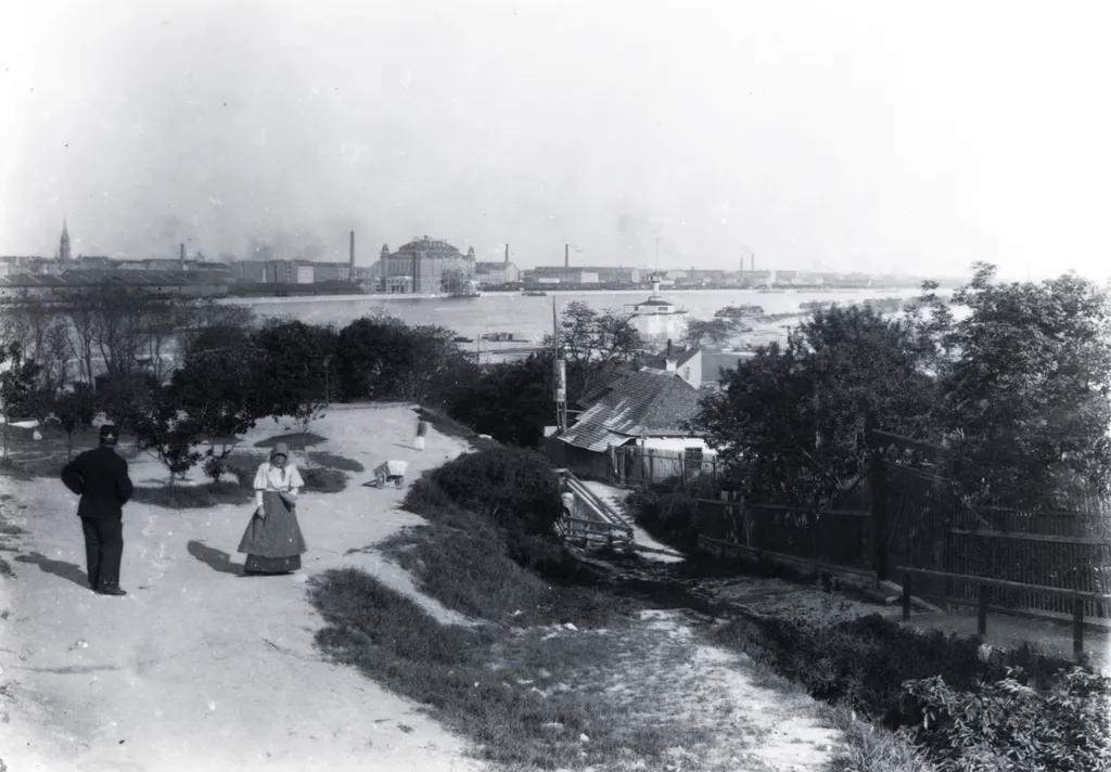 Kilátás a mai Kemenes utca – Kelenhegyi út találkozásának környékéről. A Duna túlpartján az Elevátorház, 1900.