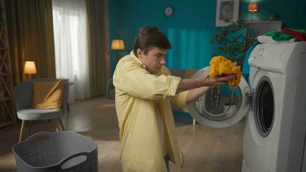 Dark-haired,Man,Standing,Next,To,A,Washing,Machine,,Unloading,It.