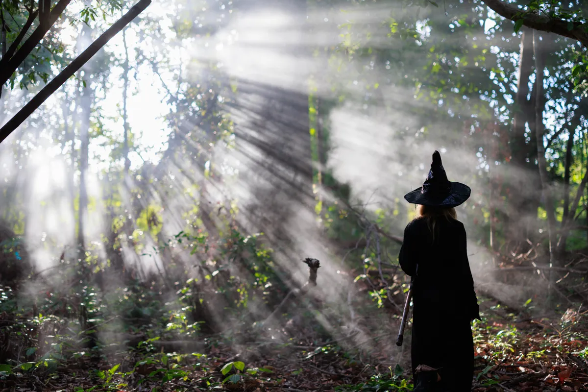 A Harz-hegység boszorkánya sétál a fák között.