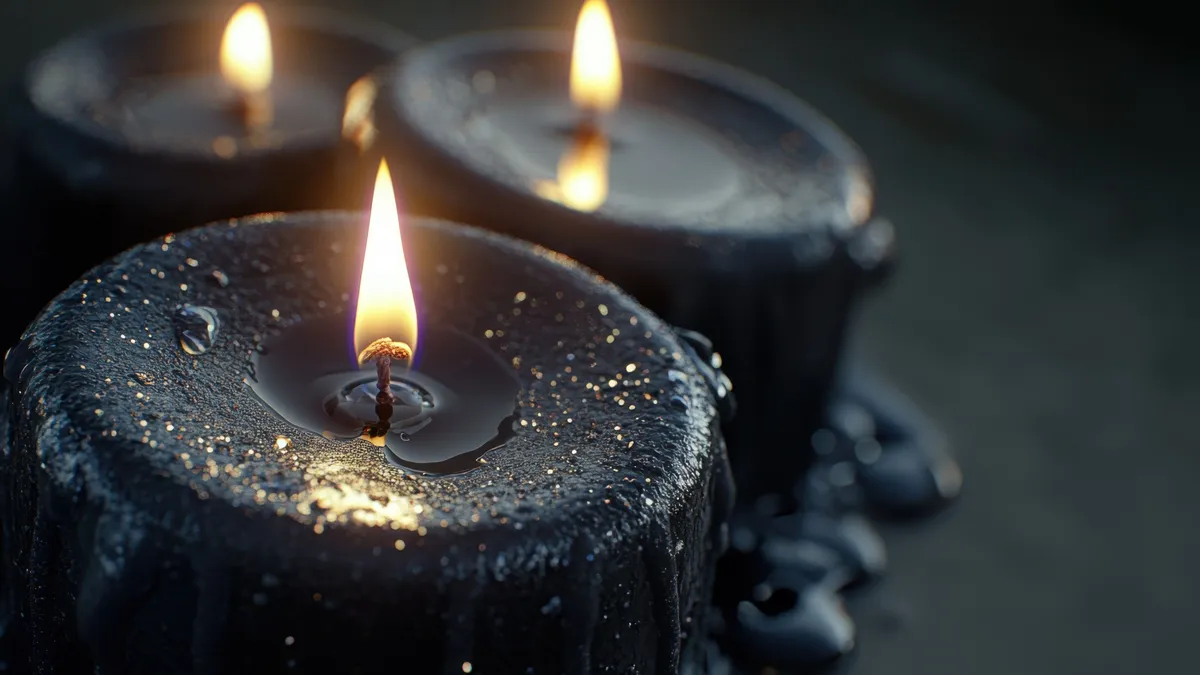 Beautiful black candles with flames glowing softly in a dark environment