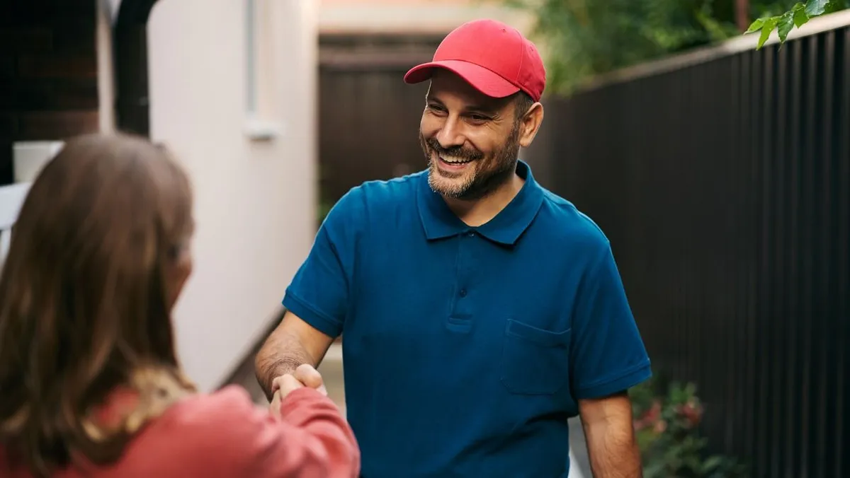 Happy home repairman responding to a customer's call.