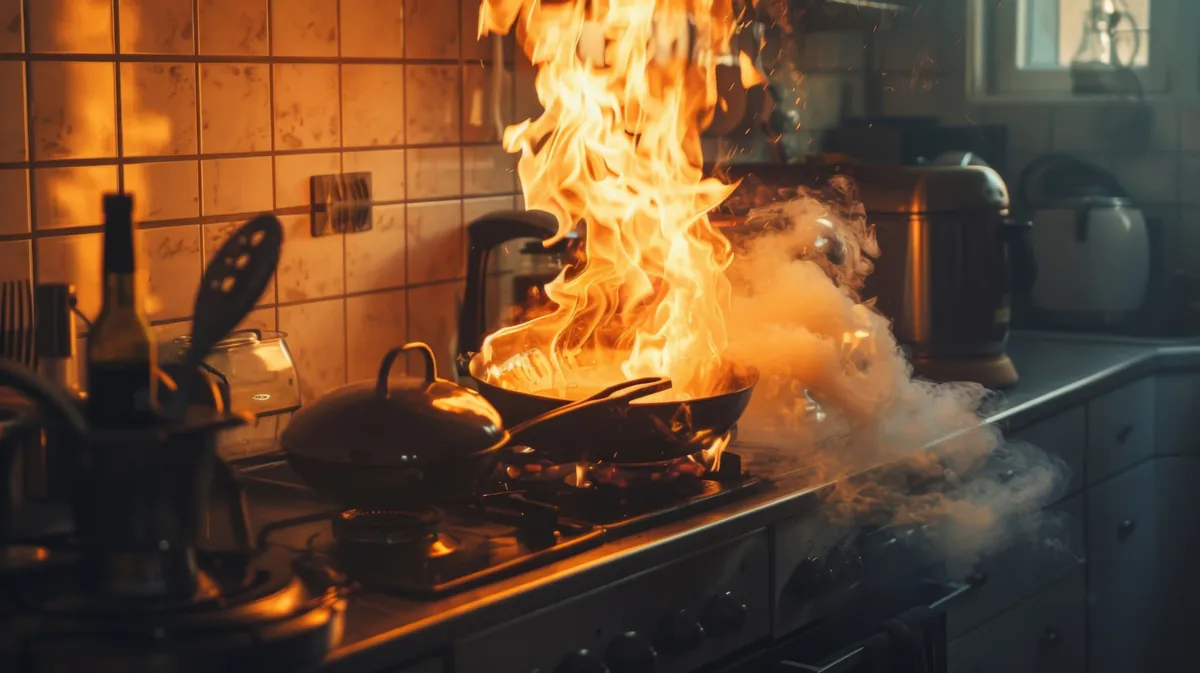 Egy konyha, ami kigyulladt az olajfröccsenésnek köszönhetően.