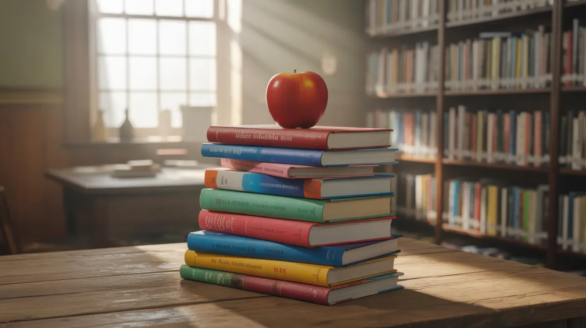 Könyvek és egy alma az asztalon, töltsd ki a műveltségi kvízünket.