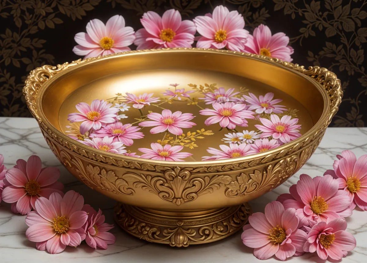 Arany edény vízzel a gyógyító fémek bemutatásához.