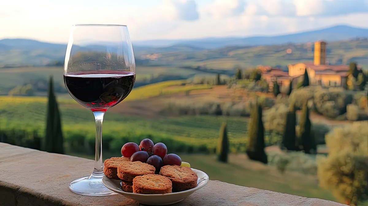 toszkán látkép borral szőlővel és biskottival