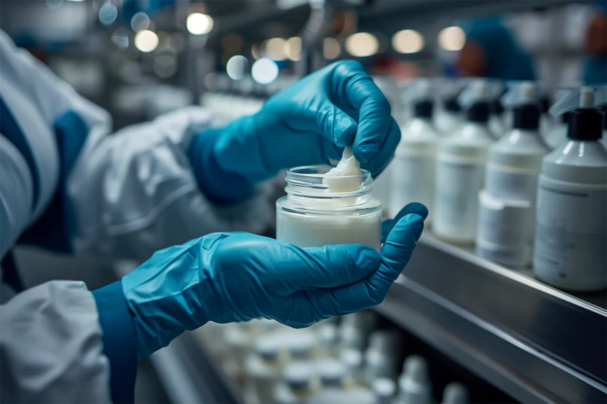 Szilícium-völgyi kutató egy krémes tégelyt tart a kezében, amiből épp mintát vesz.