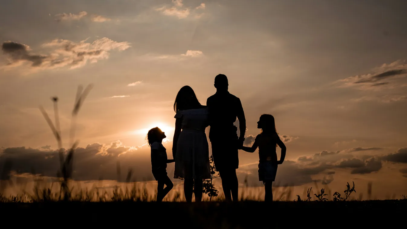 család, kirándulás, gyerekek, naplemente