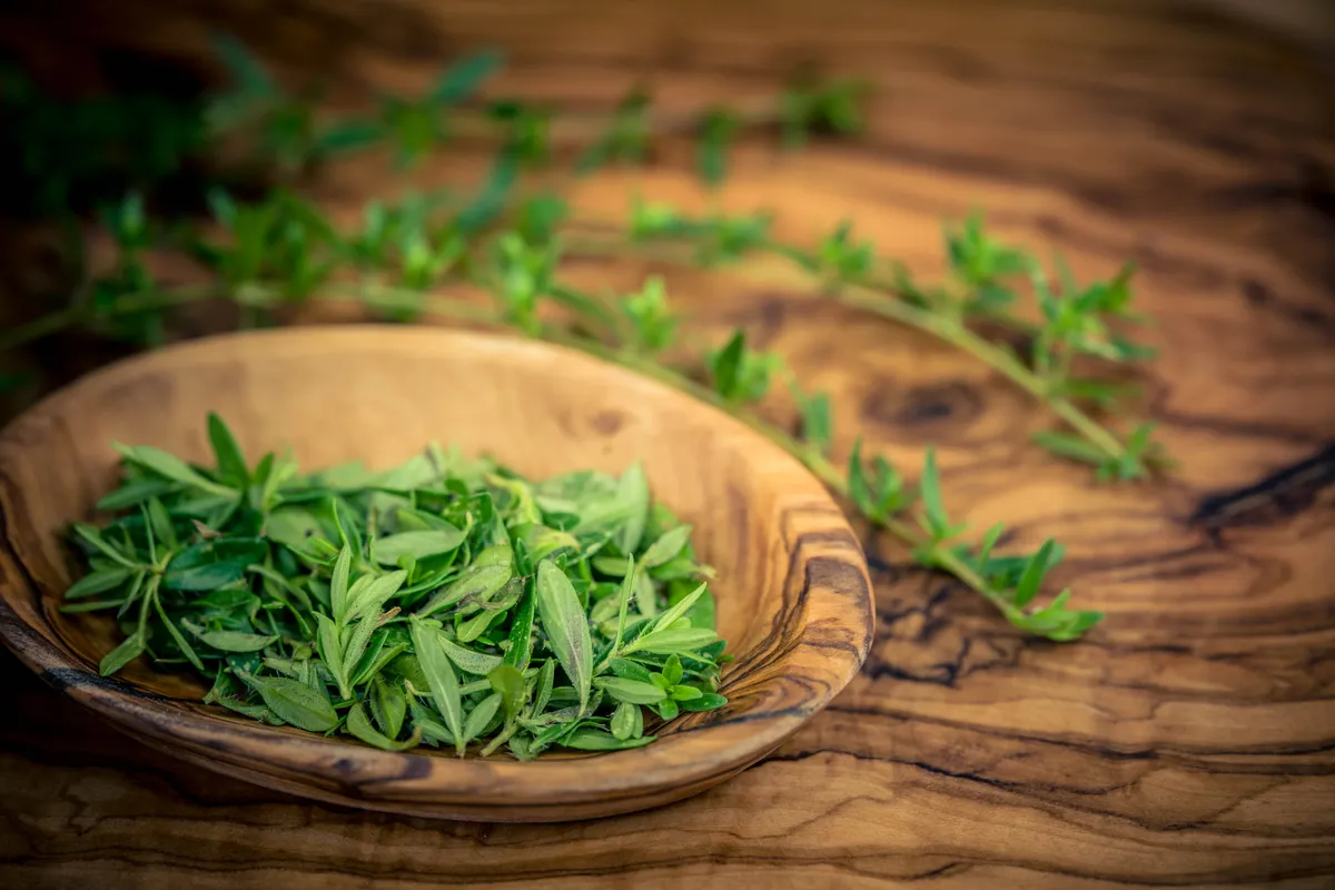 Friss borsikafű fa tálkában