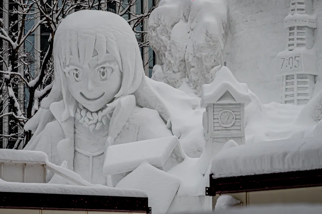 Japán manga figura (a képregény japán nyelvű általános elnevezése) hóból -  Sapporoi Hófesztivál hószobra.