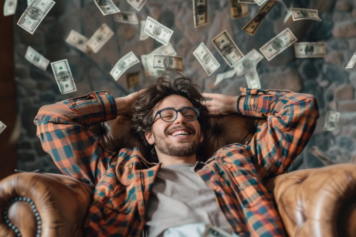 Pénzesőben ülő boldog férfi, mert helyesen alkalmazta a vonzás törvénye. 