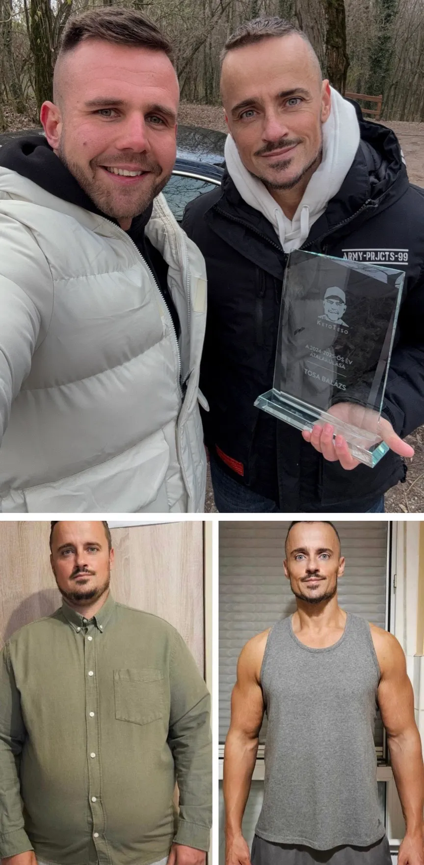 Férfi fogyás előtt és után, valamint egy szelfi Korsch Erikkel.