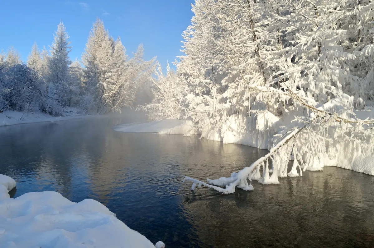 Melegvíző forrás a fagyott, havas Ojmjakon erdei mellett