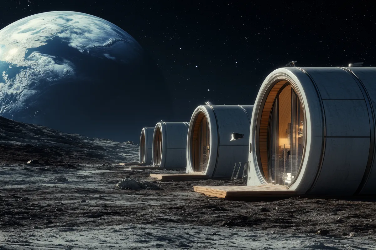 űrhotel lakókapszulák a Holdon kilátással a Földre.