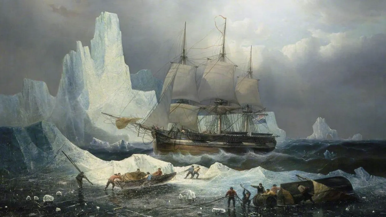 A jégbe fagyott HMS Erebus, amely a Franklin-expedíció zászlóshajójaként az Északnyugati átjárót kereste.