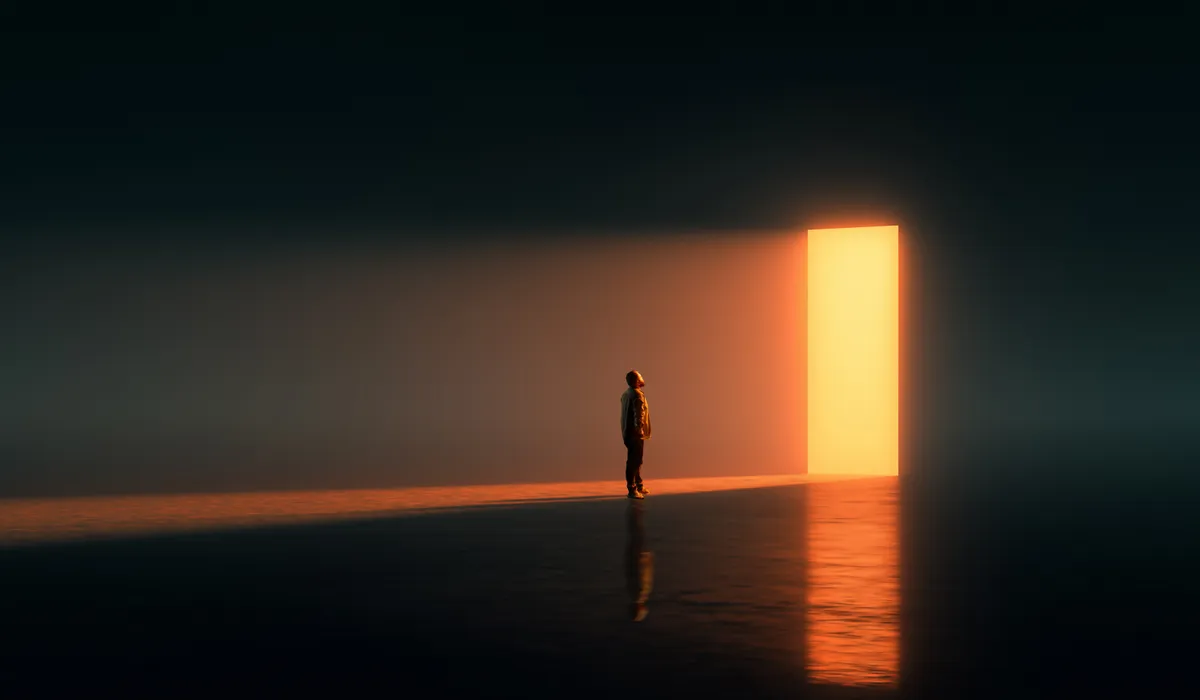 Egy férfi az ajtó felé néz, ahol árad be a napsugár, az egész csak illúzió, egy gyászbottal beszélget.