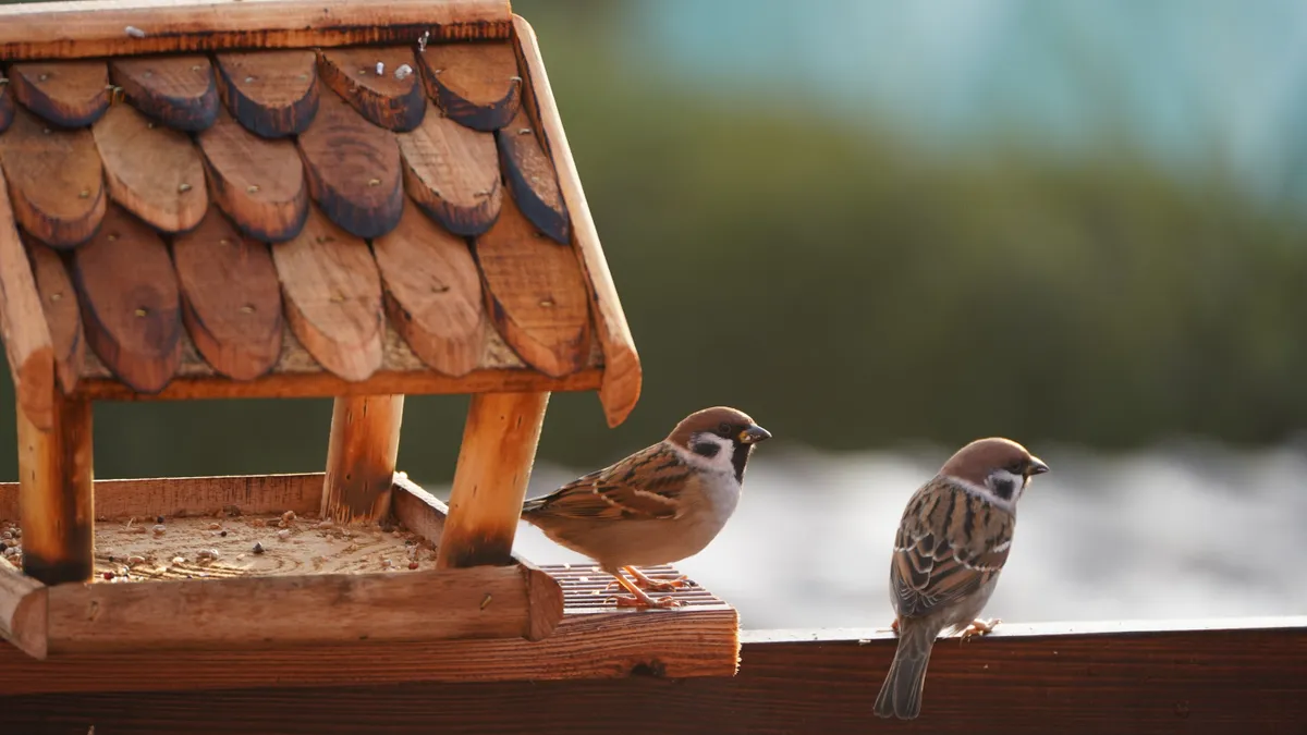 Madáretetés közben üresen hagyott etetőben éhes madarak.