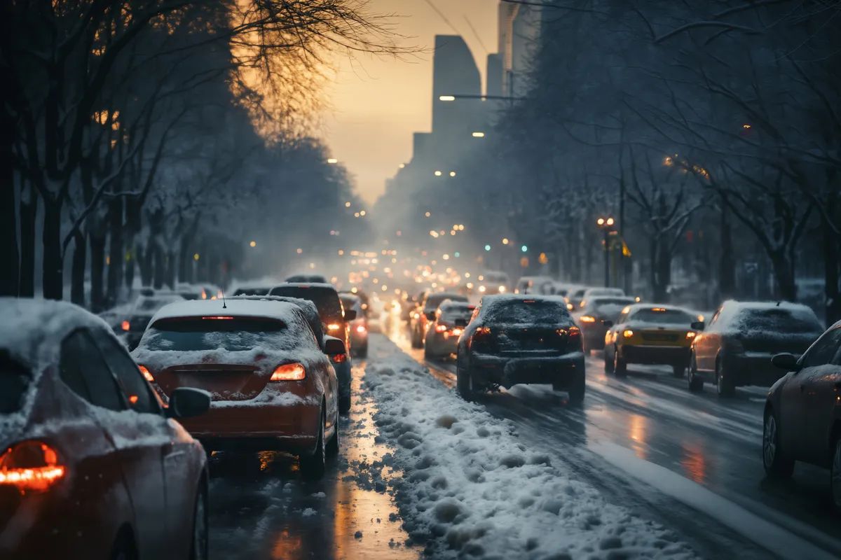 Kocsiforgalom télen, ónos esőben.