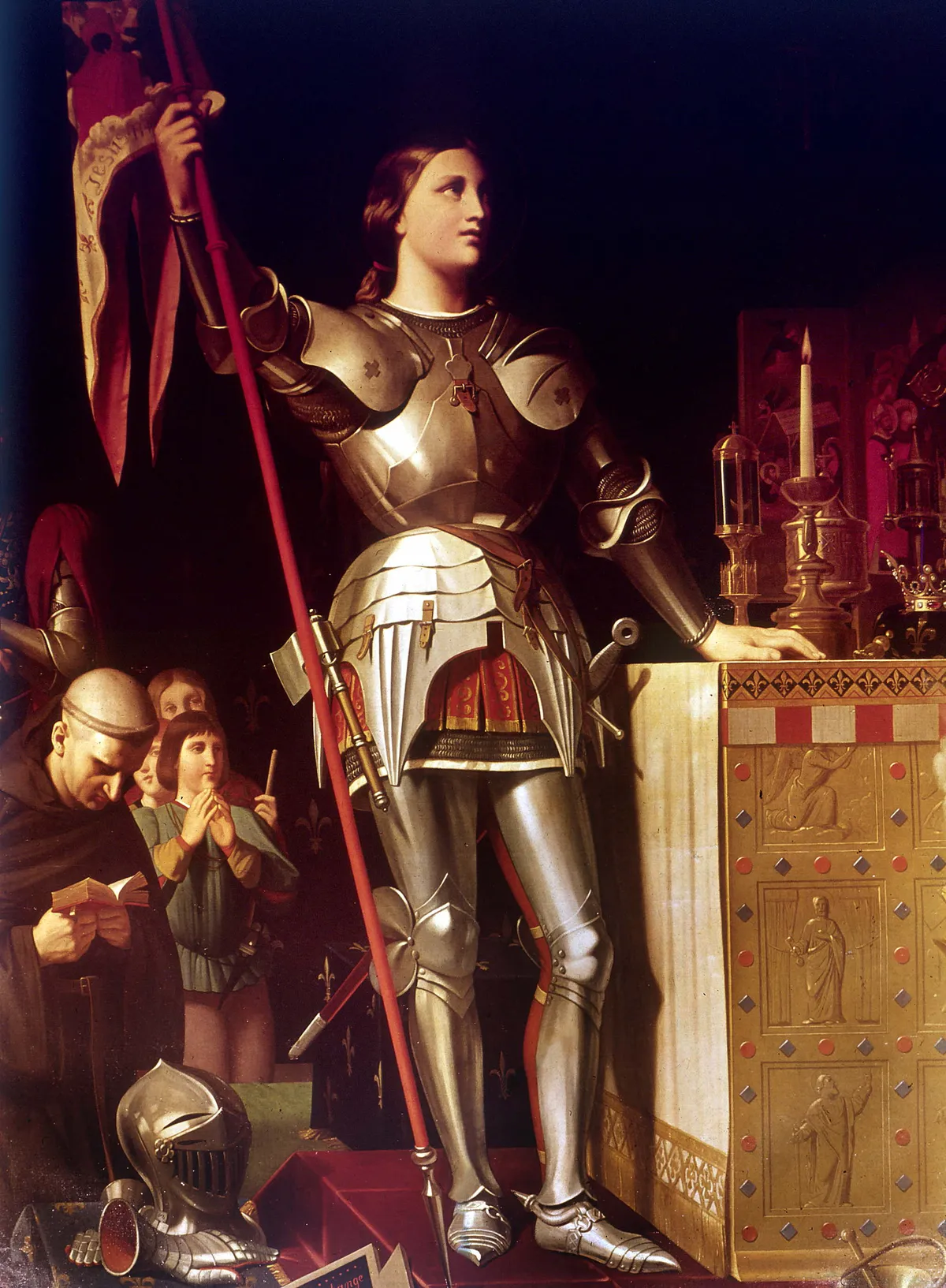 Jeanne d’Arc páncélban ábrázolva egy festményen. 