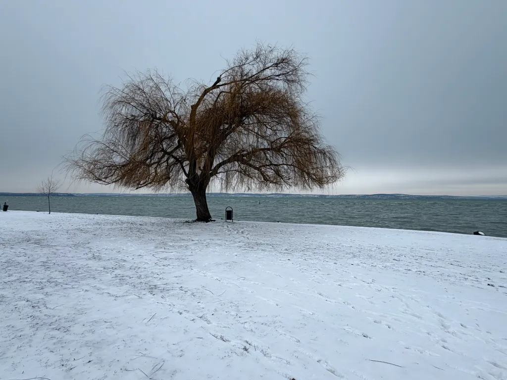 Mesés téli kép Siófokról, a Siófoki SZC Baross Gábor Technikum és Szakképző Iskola előtti partszakaszról.
