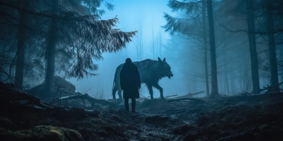 Ember és farkasember az erdőben teliholdkor