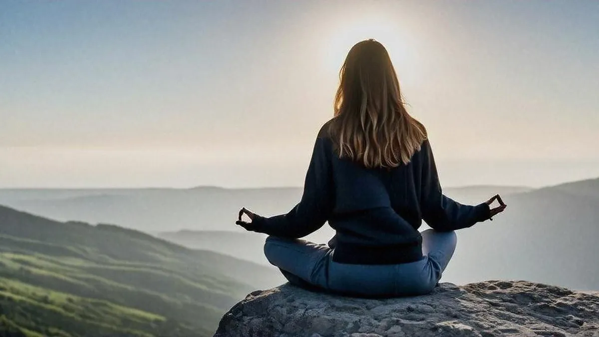 Manifesztációt gyakorló fiatal nő egy hegyen meditálva