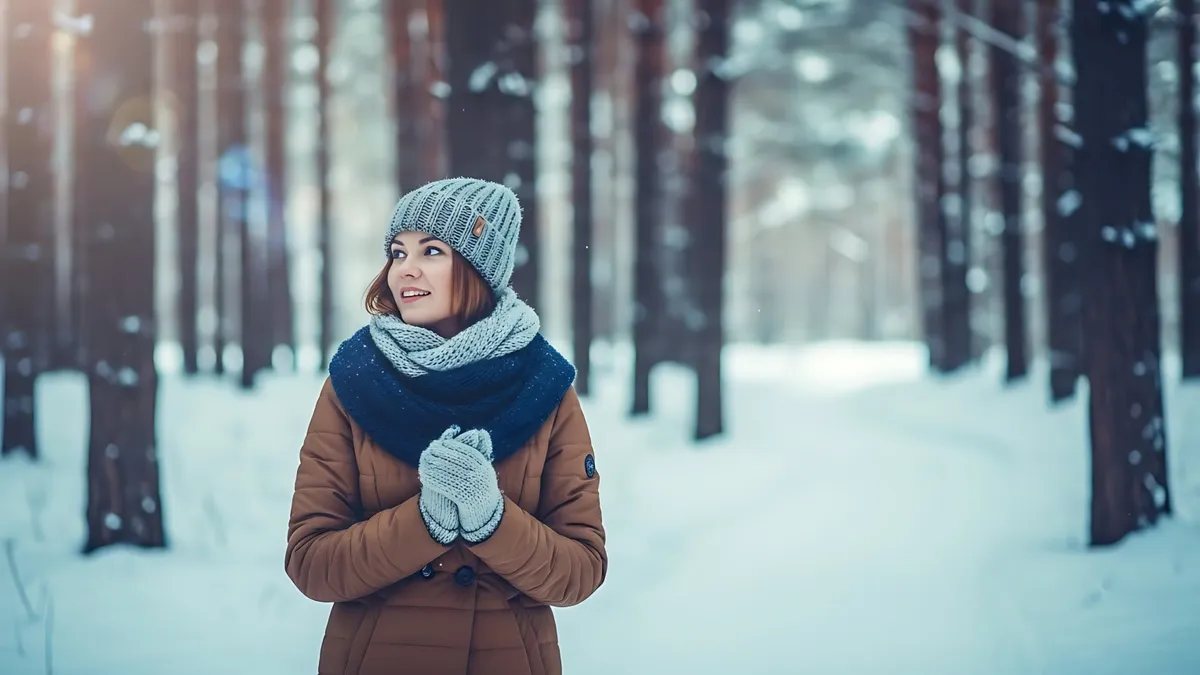 Fiatal nő, havas erdőben a horoszkópja szerint.
