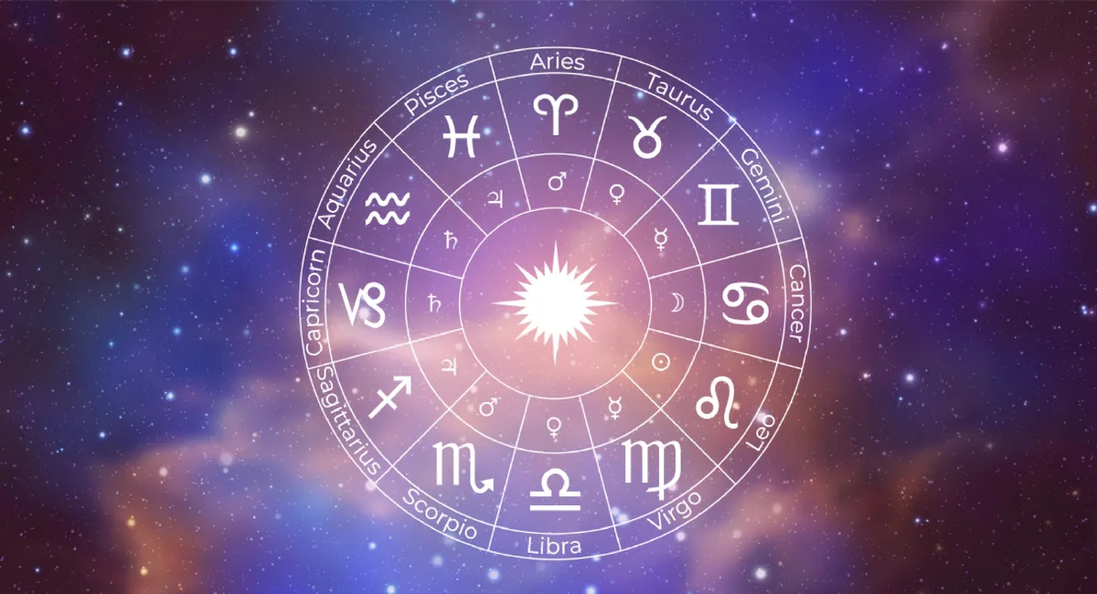 Horoszkópban használt zodiákus kör és csillagok.