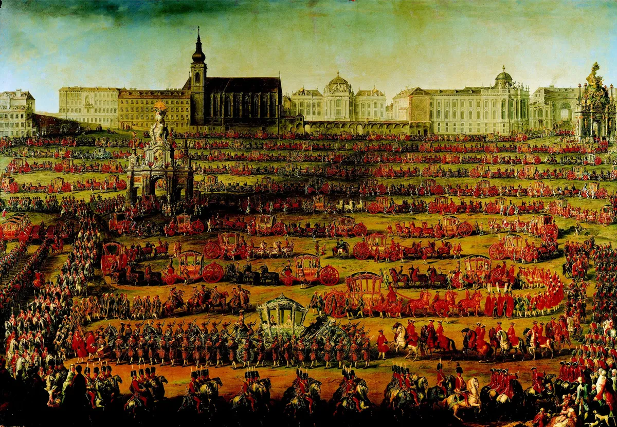 Martin van Meytens festményén Isabella pármai hercegnő Bécsbe való bevonulási menete.