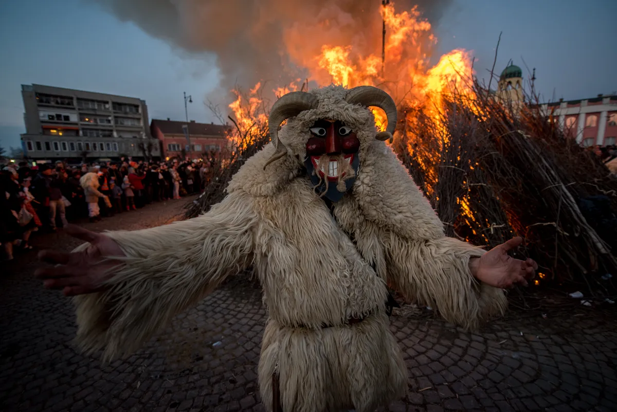 Busók a máglya körül táncpolnak Mohács főterén.