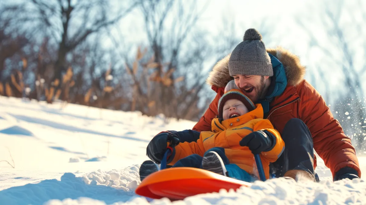 Apa és fia szánkózás közben.