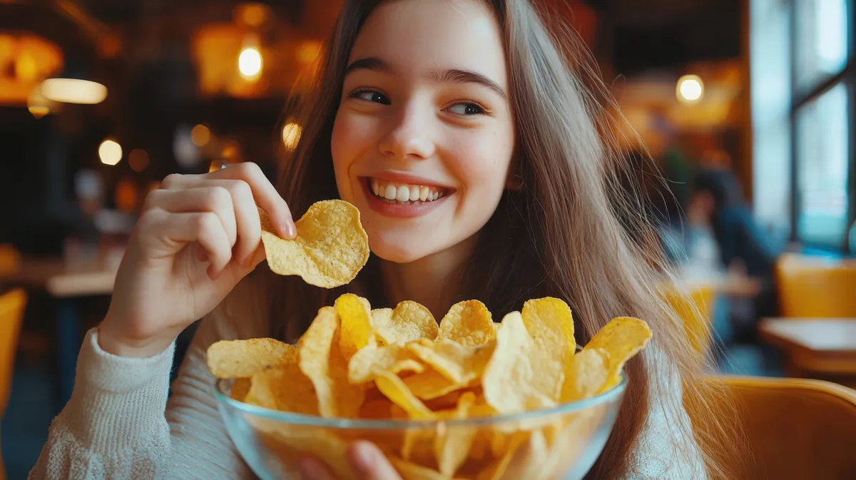 Házi chips receptet kóstoló fiatal nő.