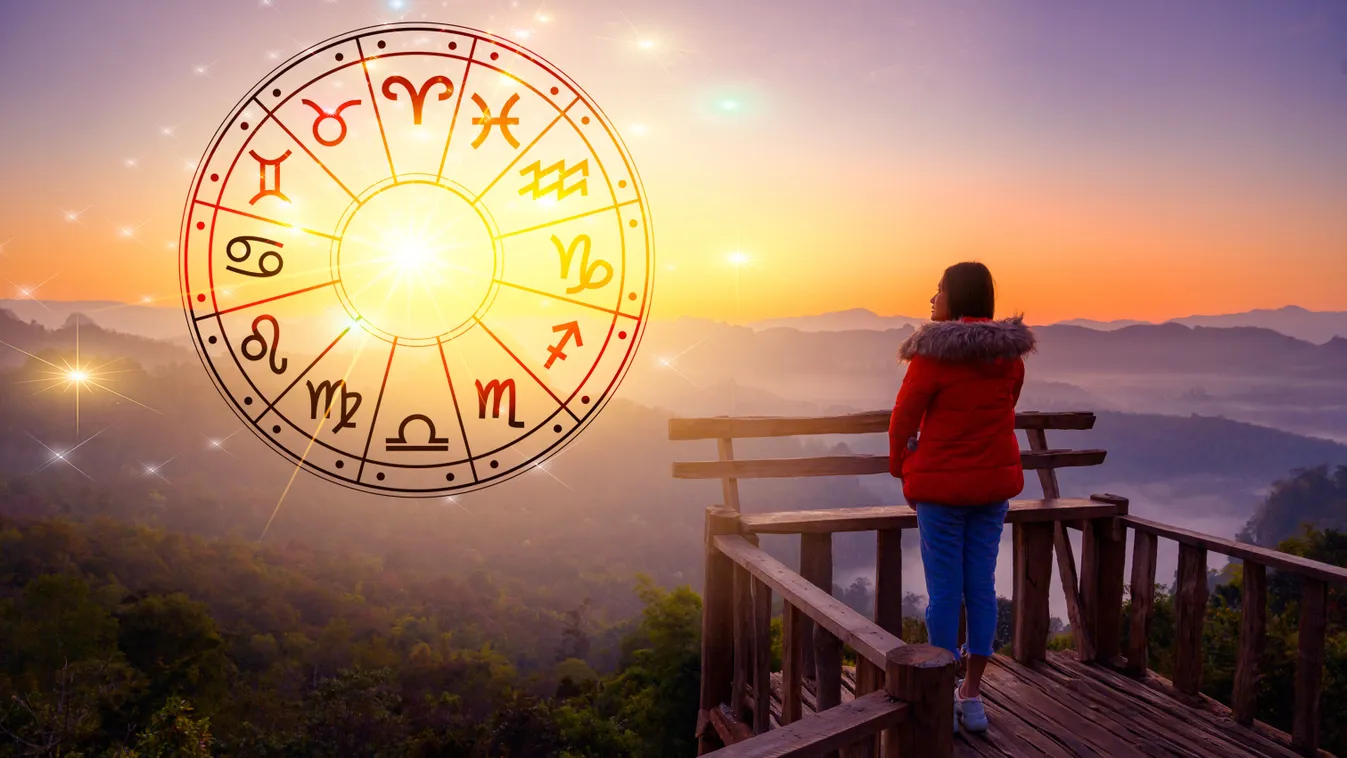 Magányos nő áll a naplementében egy horoszkópban használt zodiákus kör mellett