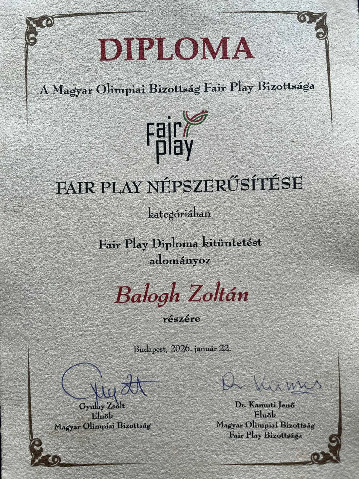 Zoltán nagyon büszke a Fair Play-díjra