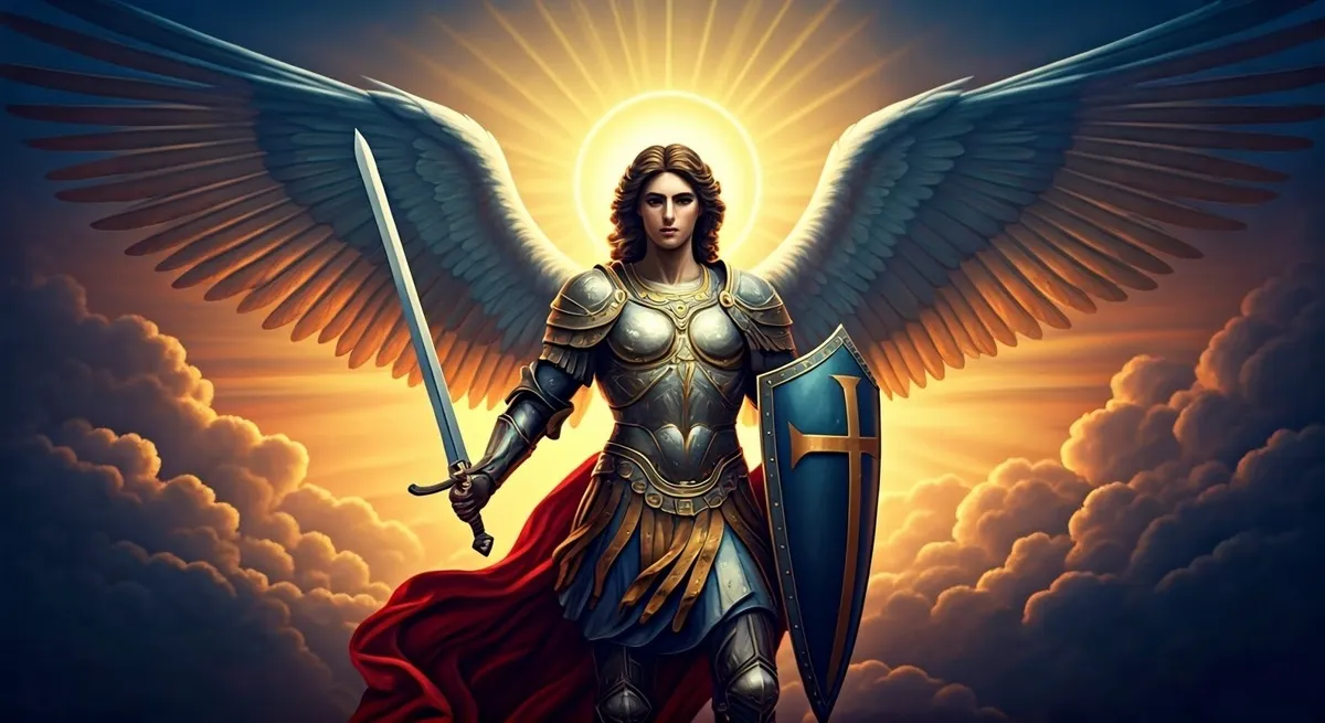 Gabriel páncélban és karddal a felhők között, ő az egyik legerősebb az arkangyalok között