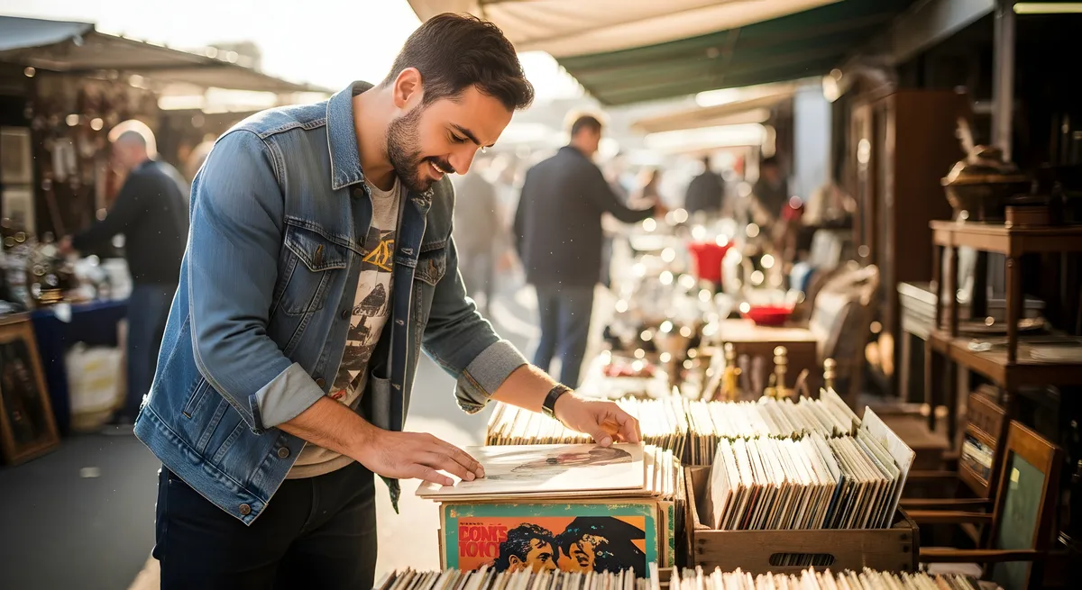 Egy férfi bakelitlemezeket nézeget a bolhapiacon.