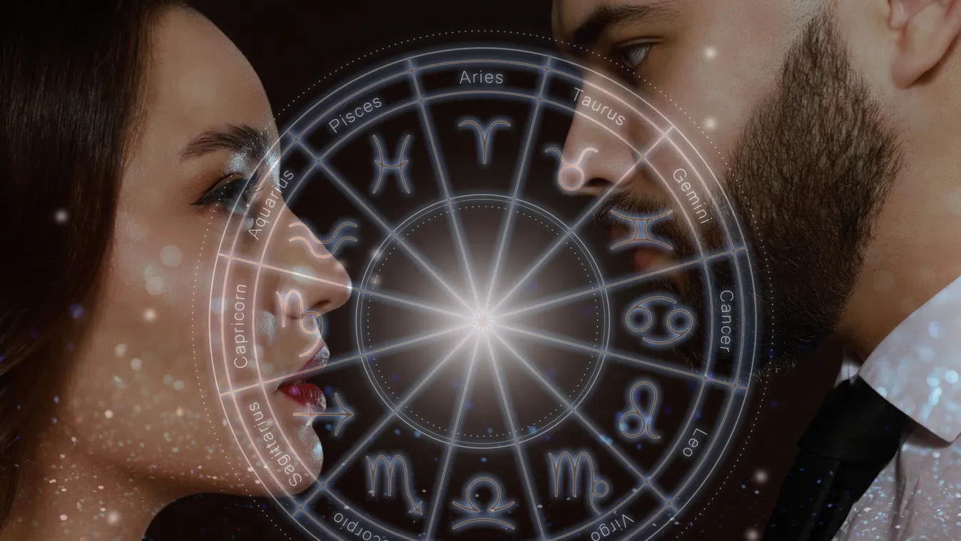 Veszekedő pár egy horoszkópban használt zodiákus kör mögött.