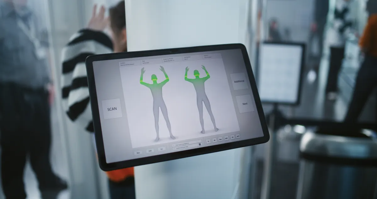 Repülőtéri szkenner képernyőjén látható ellenőrzött alak. 