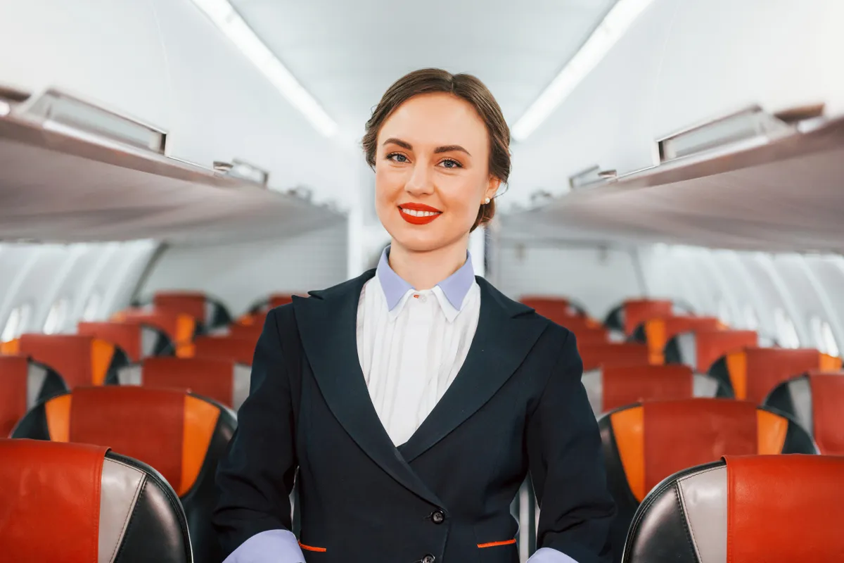 Mosolygó stewardess egy repülőgép fedélzetén