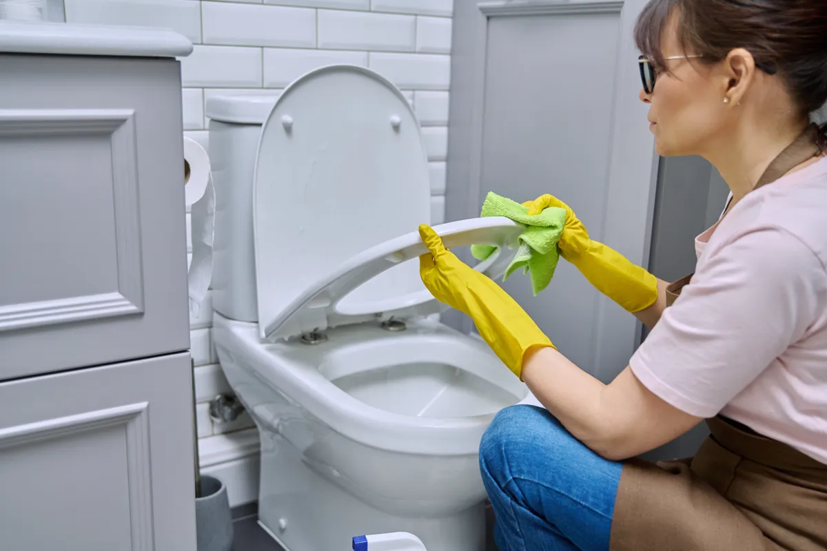 A fürdőben takarító nő, aki számára fontos a WC tisztítása.