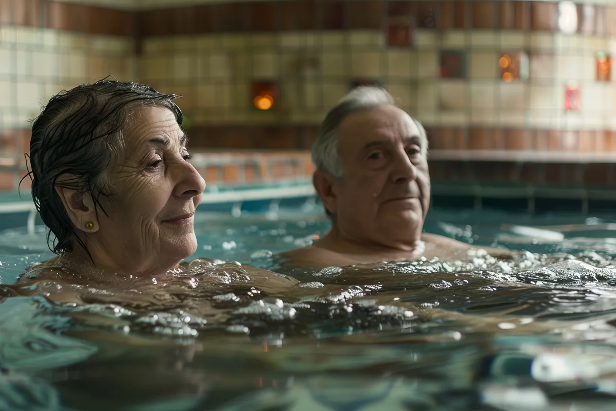 idős pár termálvízben relaxál. 