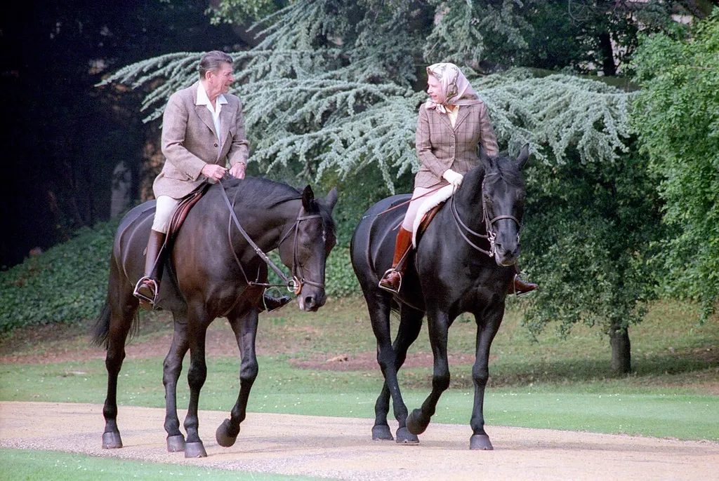 6/8/1982 President Reagan riding horses with Queen Elizabeth II during visit to Windsor Castle