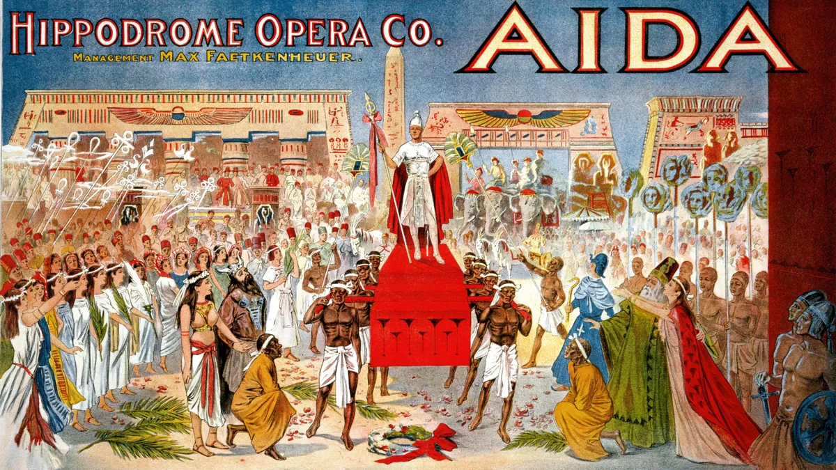 A műveltségi kvízhez kapcsolódó Aida opera régi, színes plakátja. 