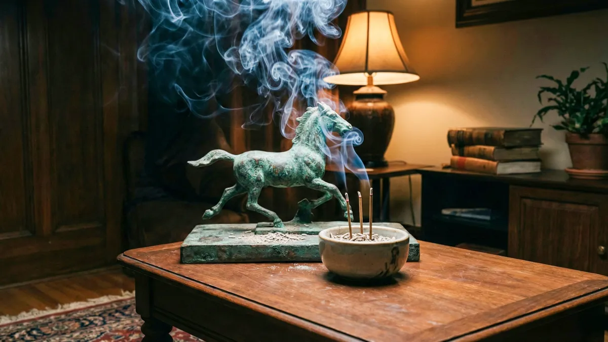 Kínai szerencsehozó tárgyak: lószobor és füstölő.