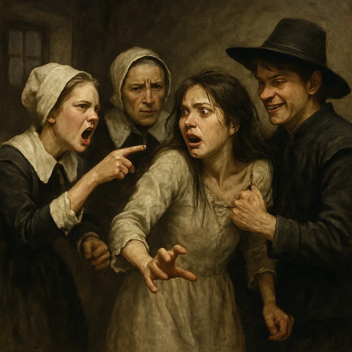 Egy salemi boszorkányt éppen vádolnak valamivel.