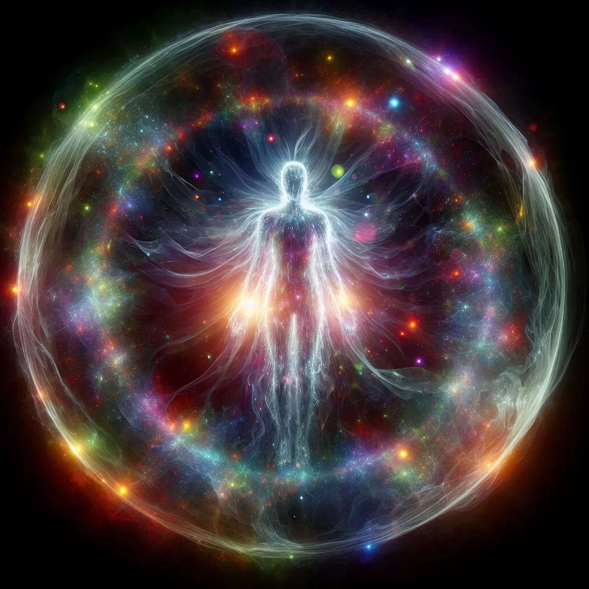 Egy emberi alakot körülvevő színes aura AI által alkotott fantasy fotója. 