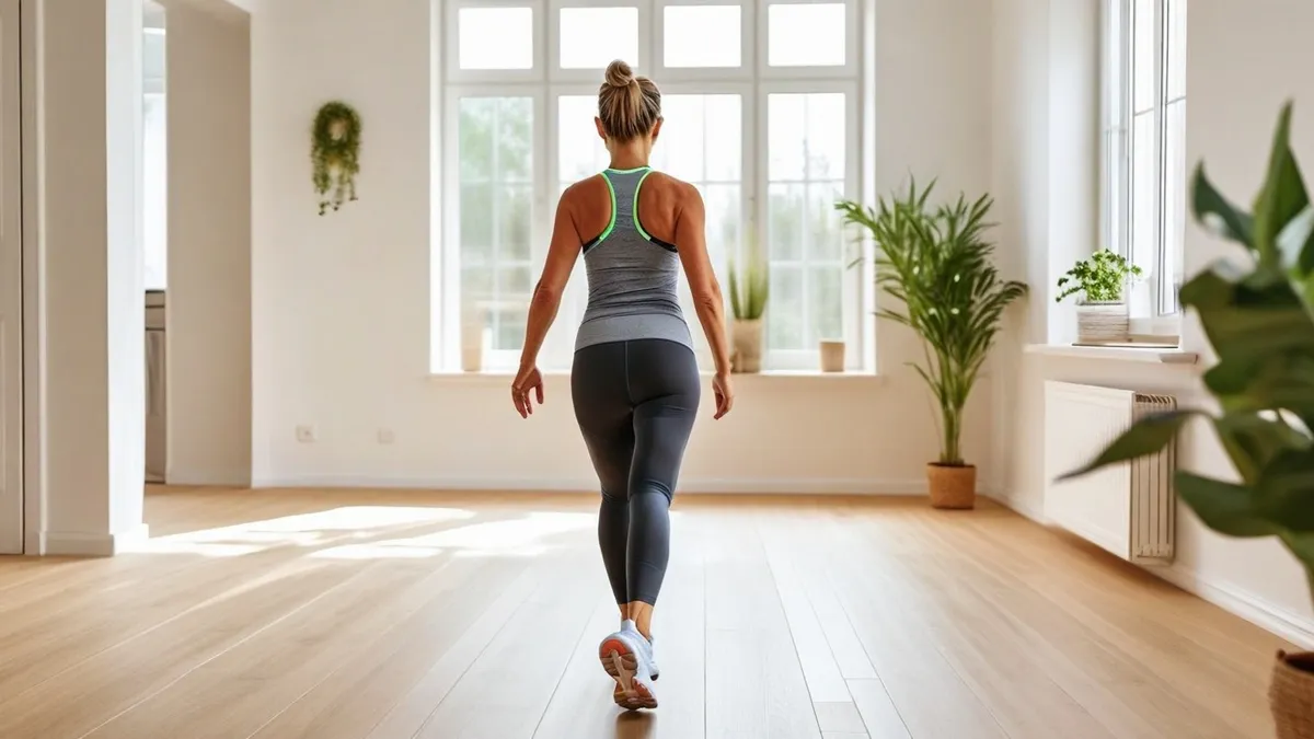 Hátrafelé járást folytató fiatal nő egy fényes lakásban