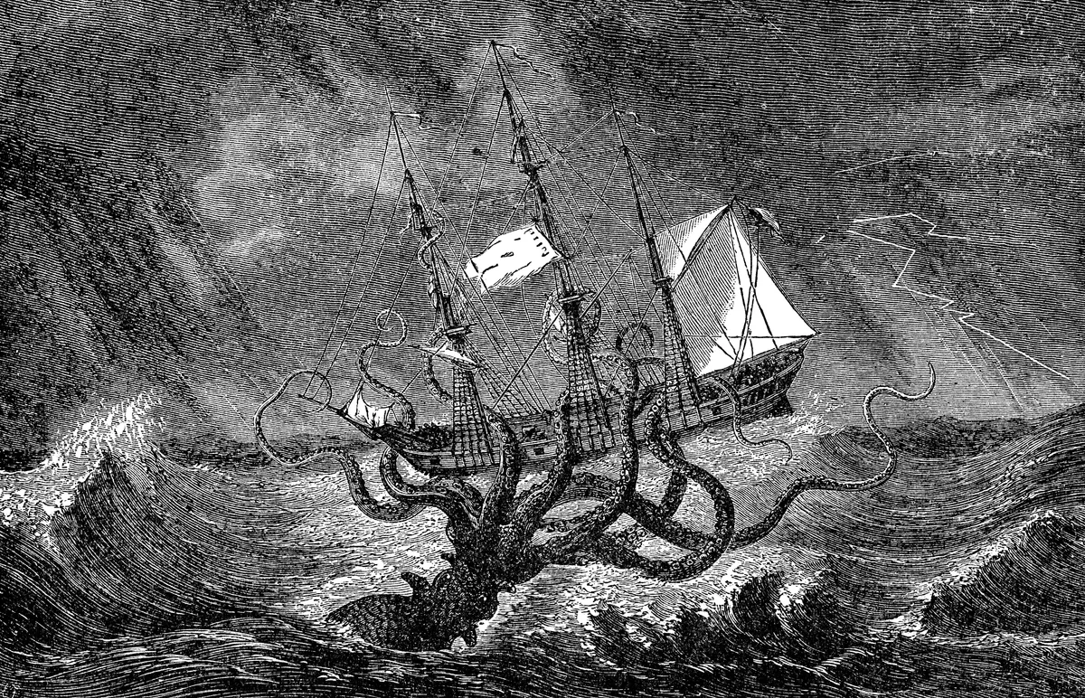 Egy mitikus lényt, azaz egy krakent ábrázoló illusztráció.